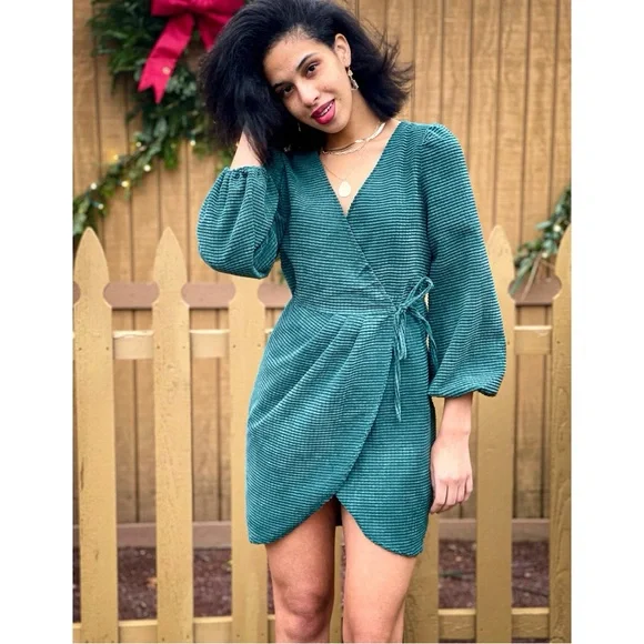green emerald velvet dress Mac Duggal Women's Embellished Faux Wrap Flutter Sleeve Dress
